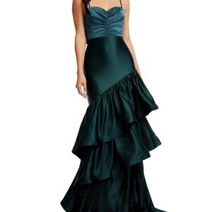 New Dress the Population Clarice Tiered Ruffle Satin Gown green Pine